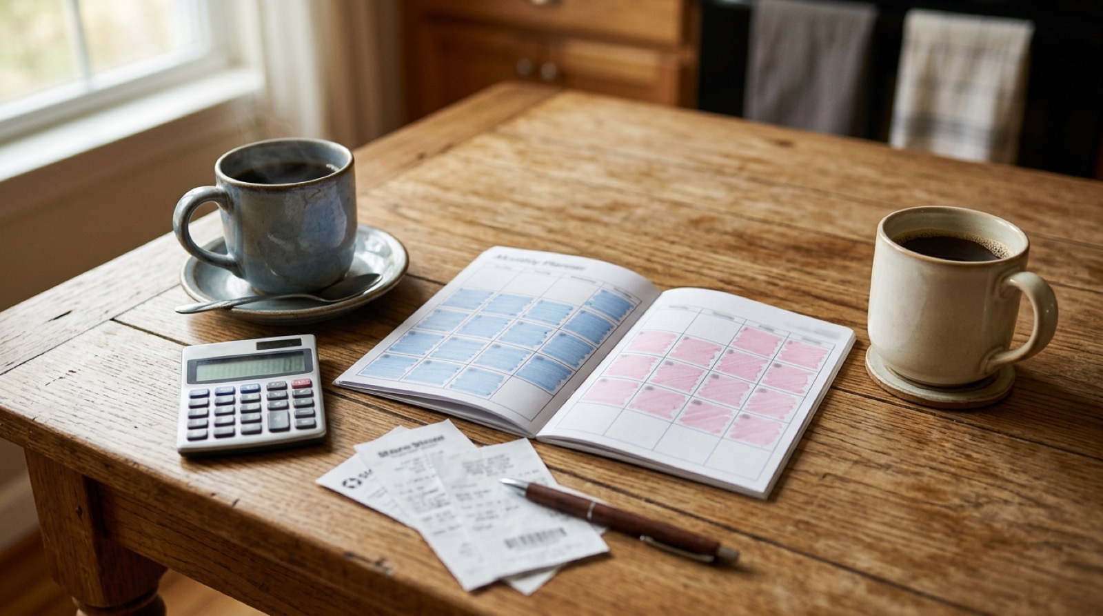 Ein Küchentisch mit zwei Kaffeetassen, einem Taschenrechner, Belegen und einem zweifarbigen Betreuungskalender