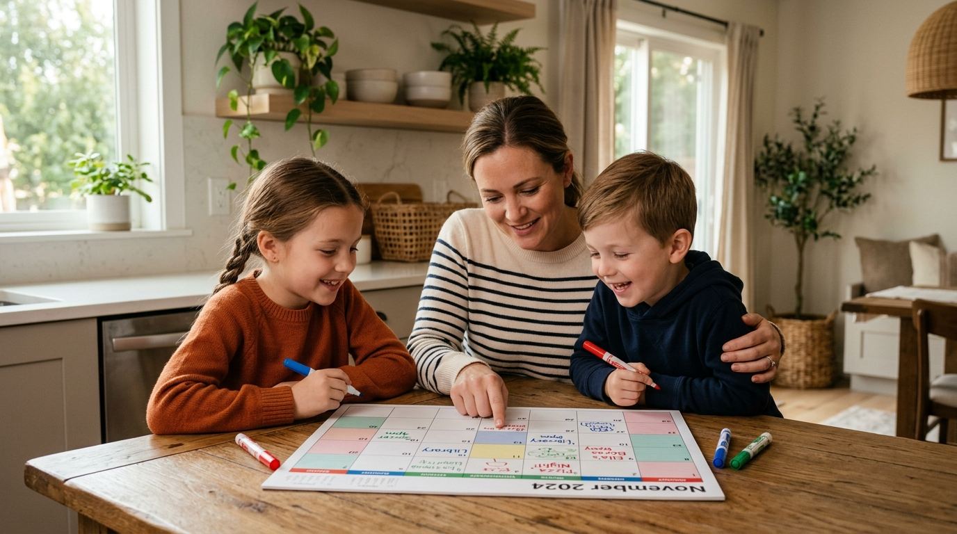 A shared custody calendar showing parenting time divided equally between two parents