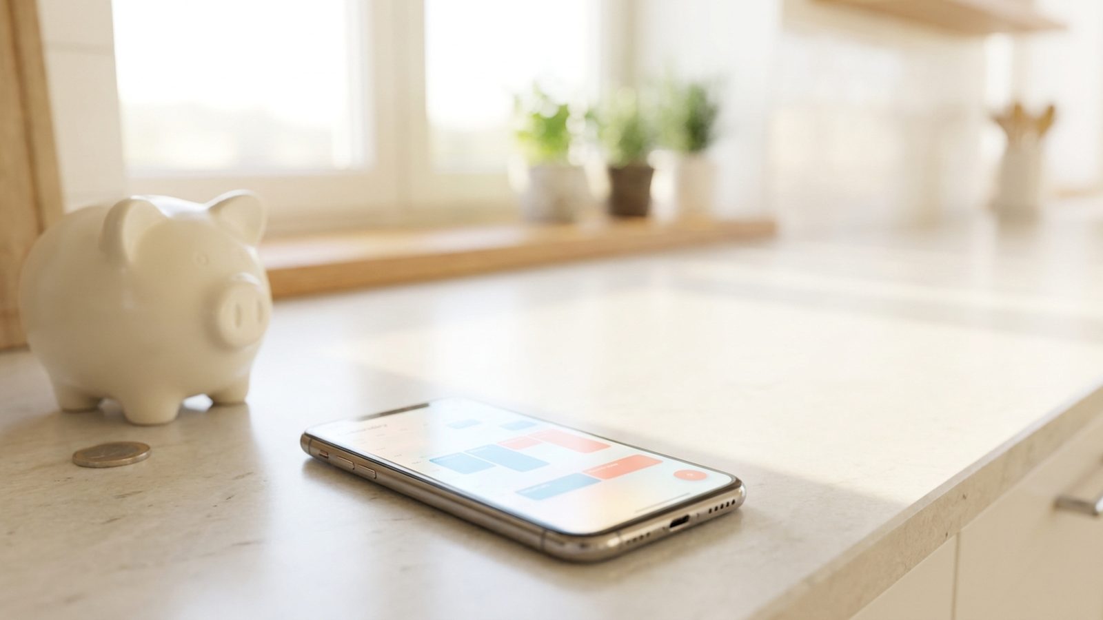 Un téléphone posé écran vers le bas à côté d'un calendrier mural en papier annoté avec deux couleurs de feutre, sur une table en bois