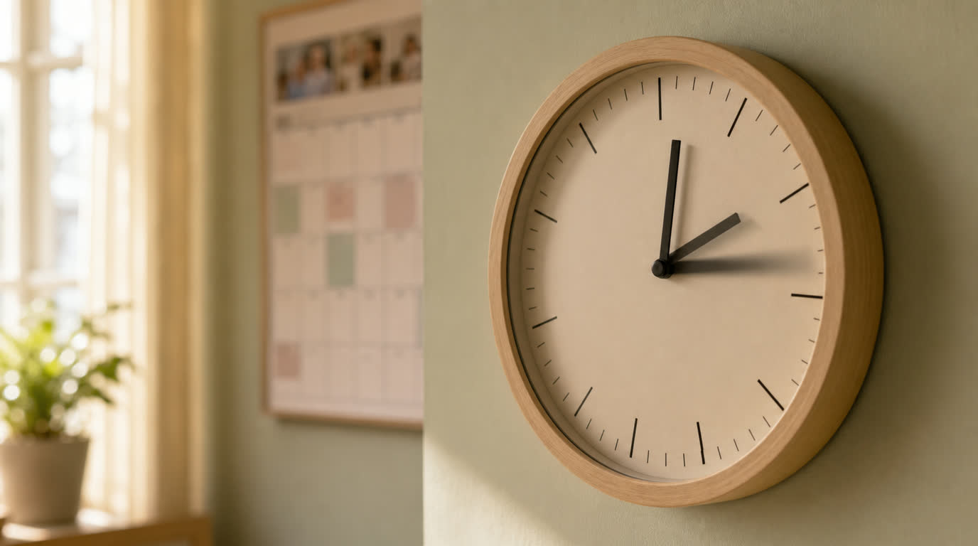 Eine analoge Wanduhr im weichen Morgenlicht, daneben ein unscharfer Familienkalender mit handschriftlichen Übergabezeiten – ein Bild für die stille Sommerzeit-Lücke zwischen zwei Umgangswochen.