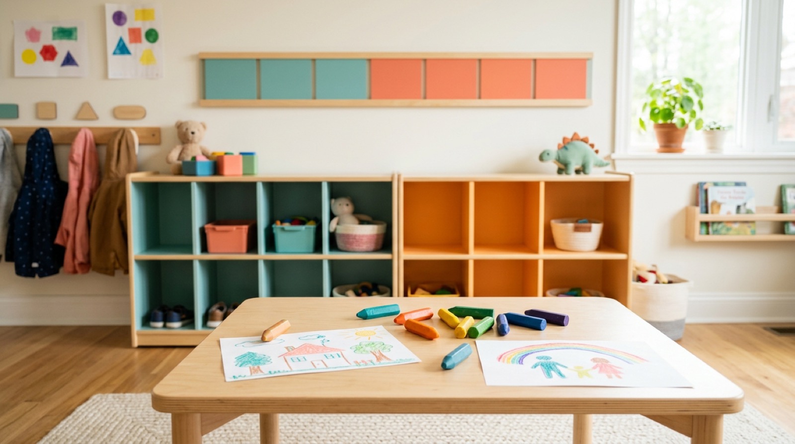 Un rincón de casilleros de preescolar en verde azulado y coral, con una tira semanal de dos colores en la pared y ceras sobre una mesa a la altura del niño