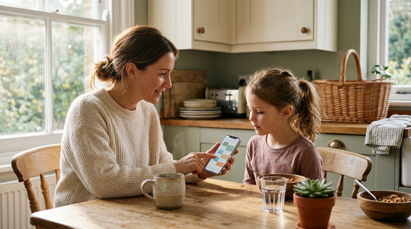 Een smartphone met een app voor het bijhouden van de bewaring naast een gedrukte bewaringskalender op een aanrecht