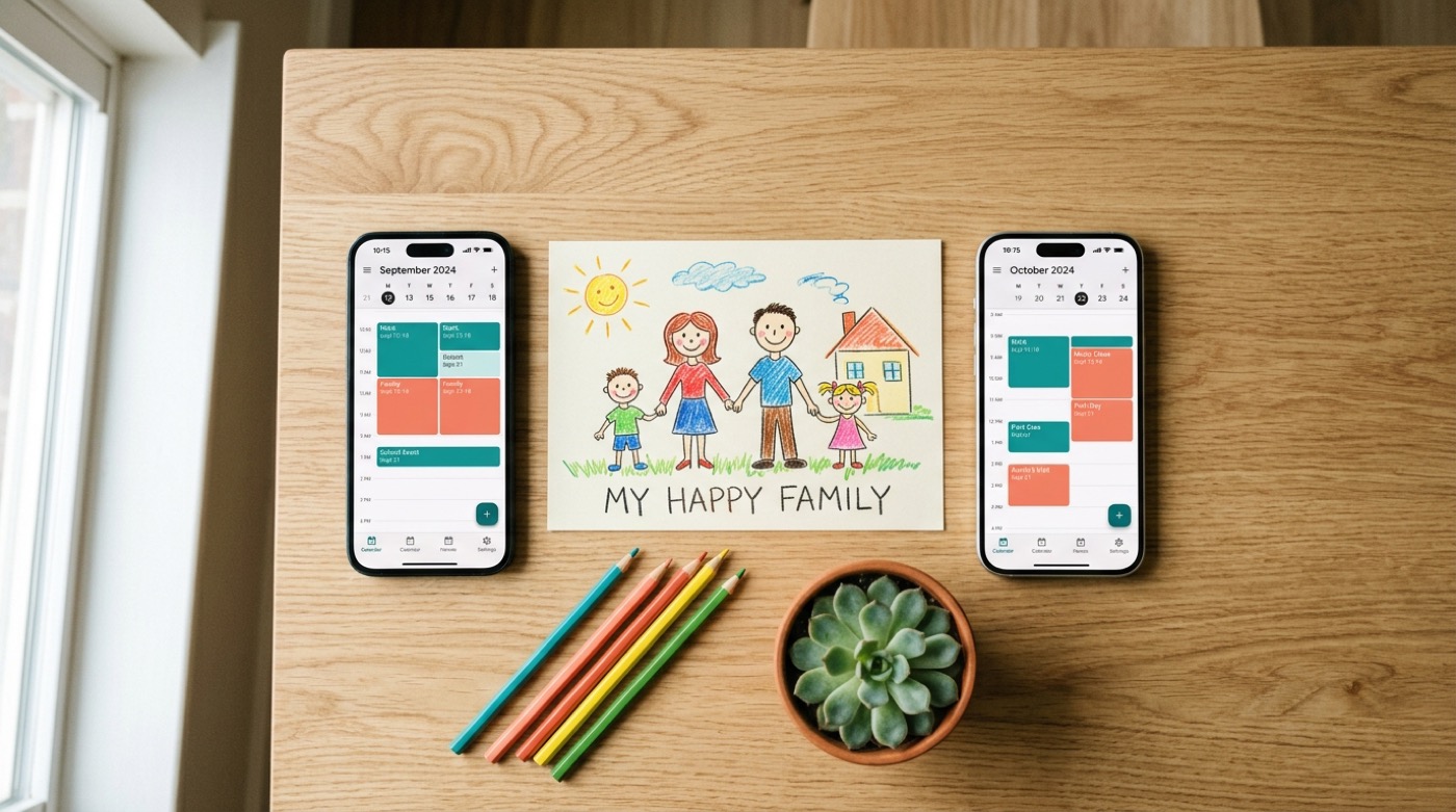 Two phones showing custody calendar with child drawing between them