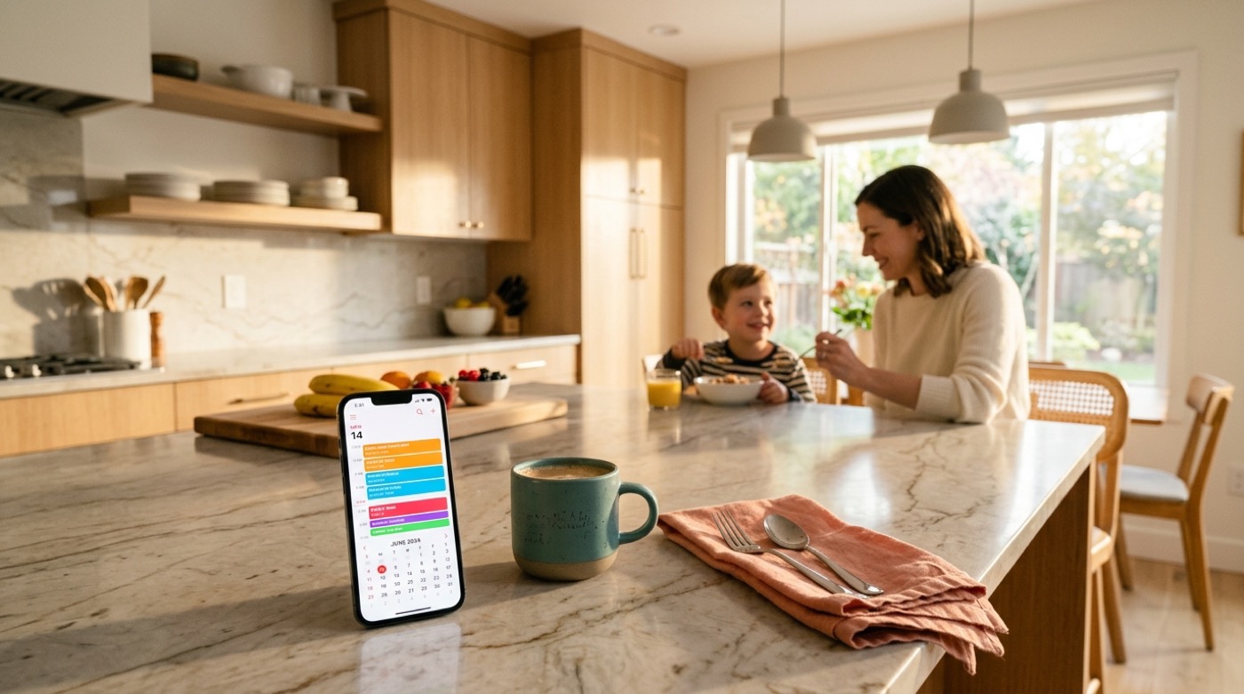 Parent and child having breakfast with custody calendar app on phone