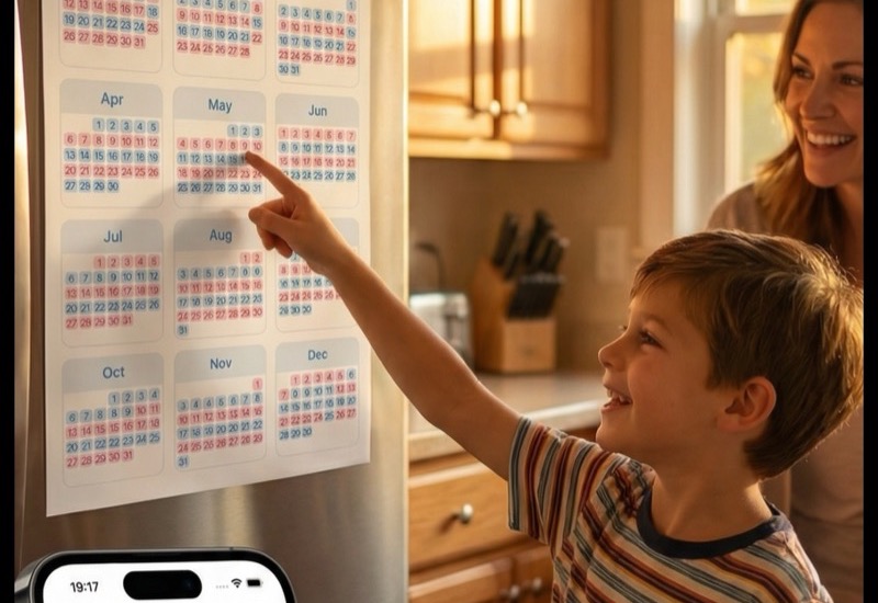 Child pointing at printed custody calendar on fridge