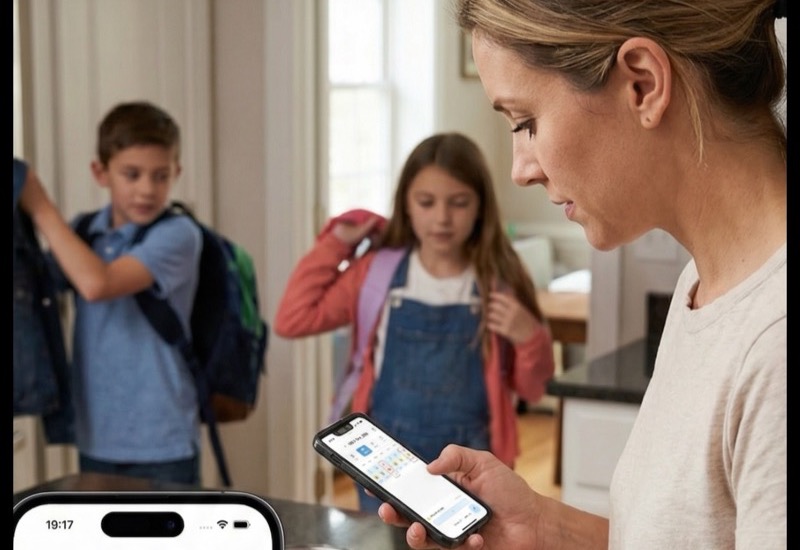 Mom checking custody calendar while kids get ready for school