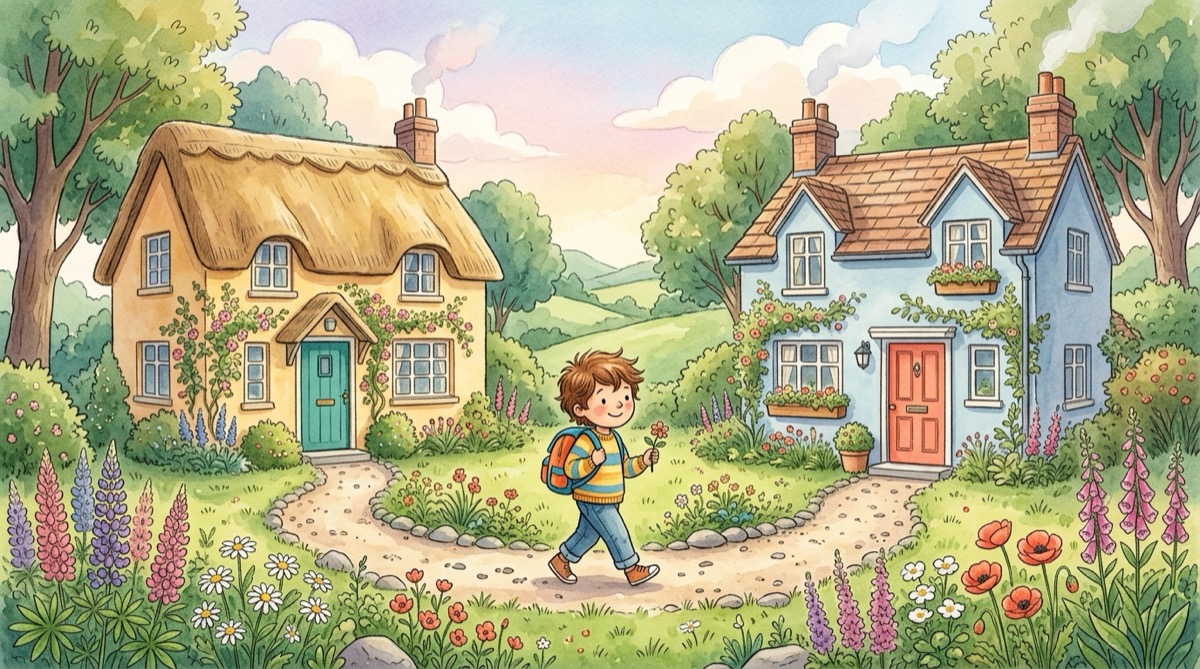 Watercolor illustration of child walking between two happy homes