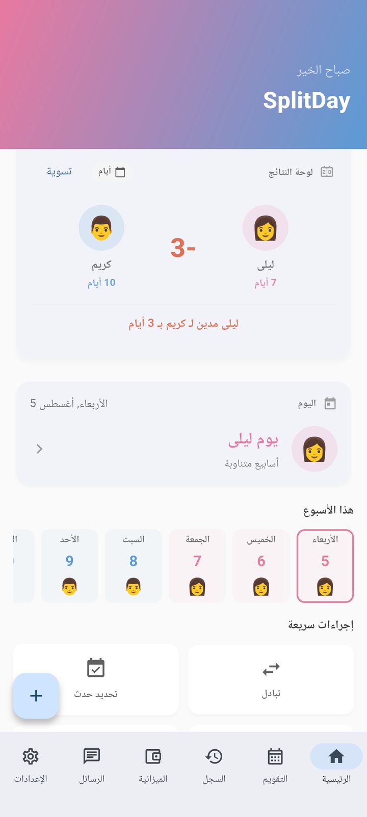 الشاشة الرئيسية لتطبيق SplitDay تعرض حالة الحضانة لهذا اليوم بنظرة واحدة