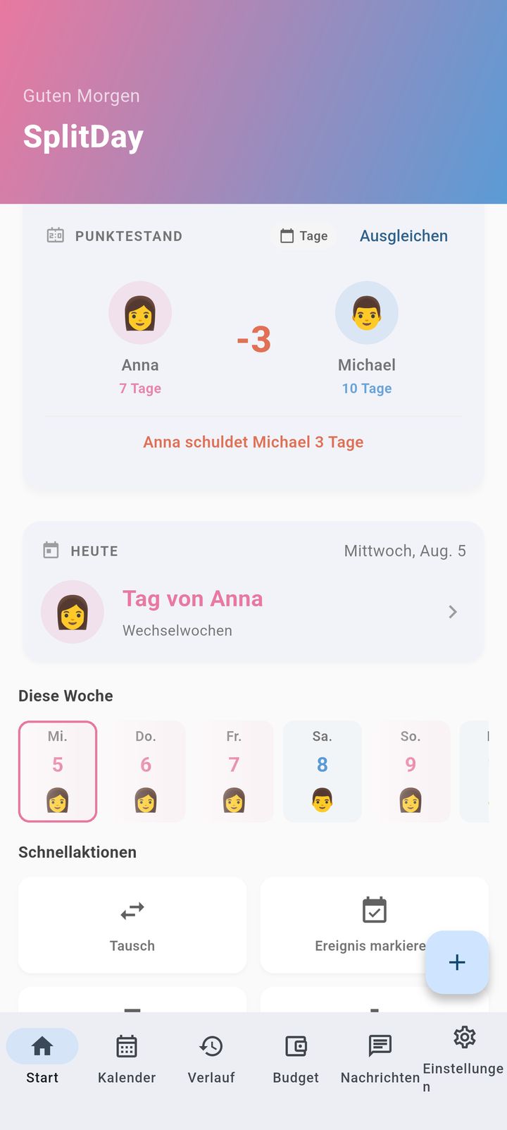 SplitDay-Startbildschirm mit dem Betreuungsstatus des Tages auf einen Blick