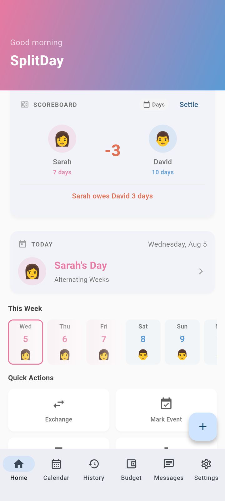 SplitDay home screen showing today's custody status at a glance