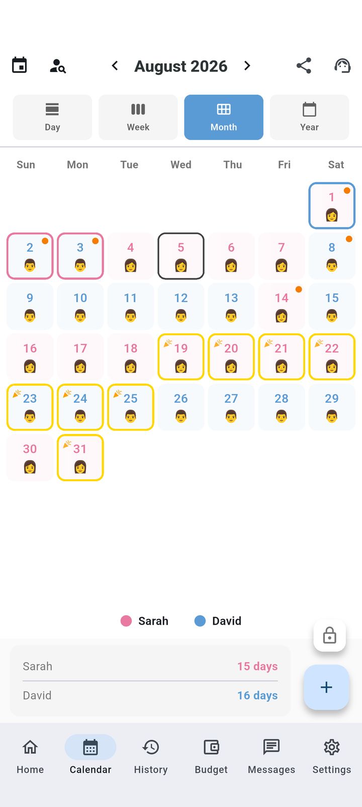 Month view of the custody calendar color-coded by parent in SplitDay