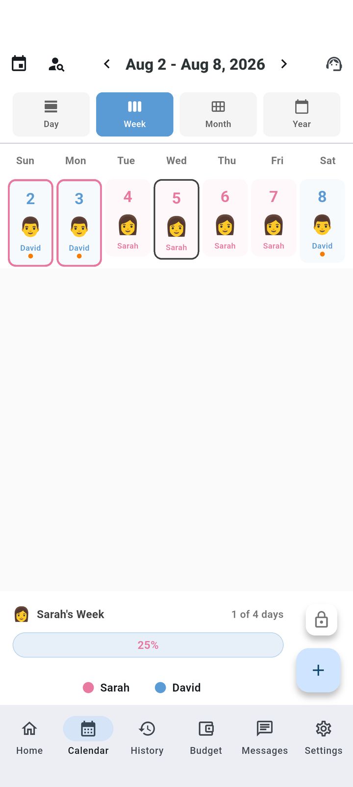 Week view of the custody calendar in SplitDay
