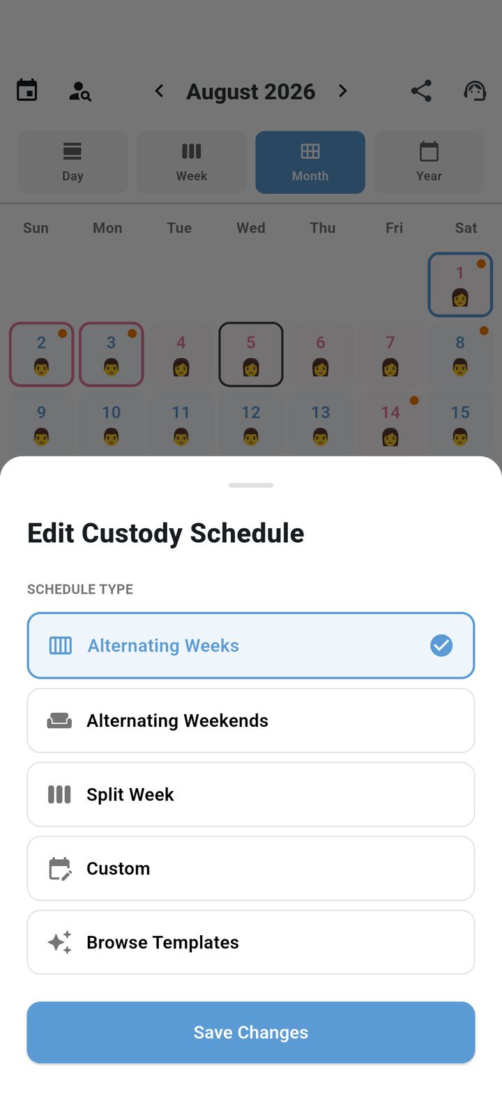 Custody pattern setup screen in SplitDay