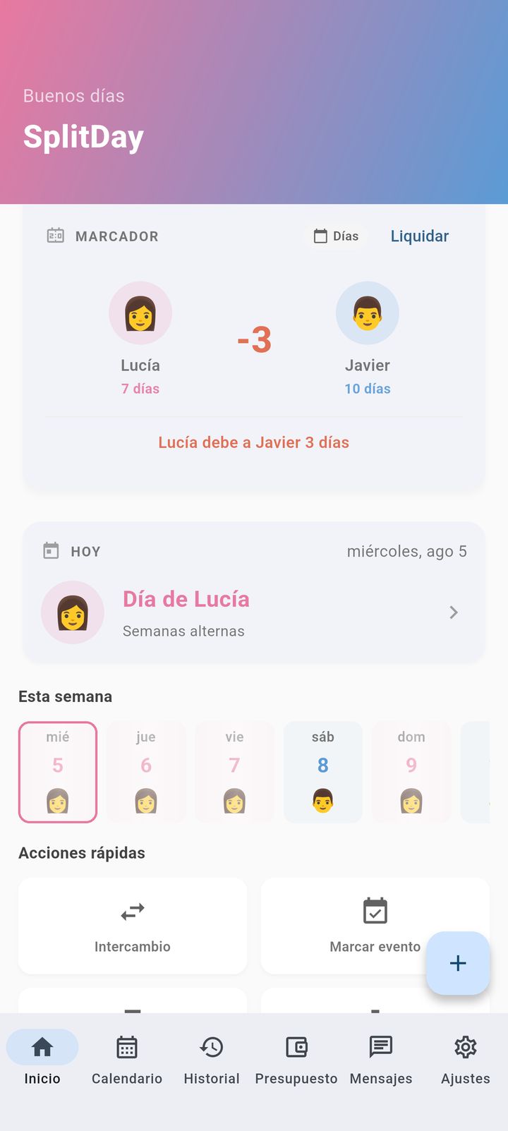 Pantalla de inicio de SplitDay con el estado de la custodia de hoy de un vistazo