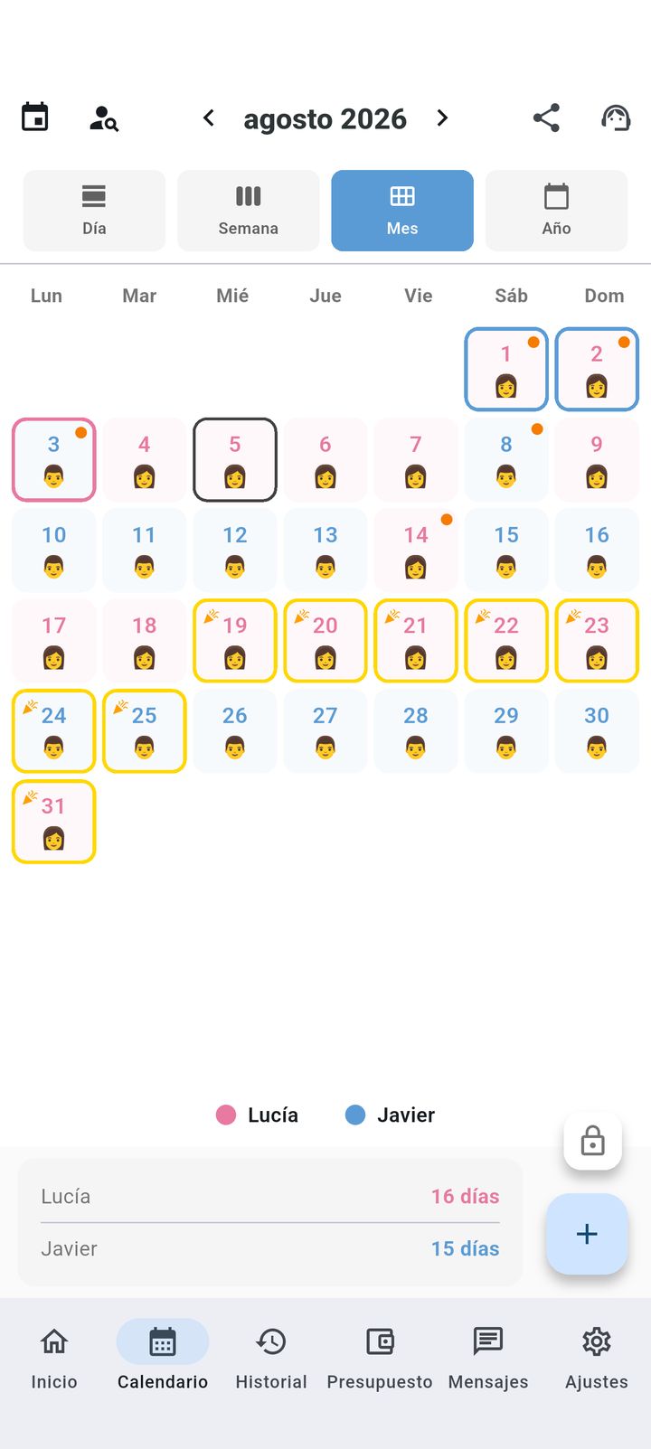 Vista mensual del calendario de custodia con colores por progenitor en SplitDay