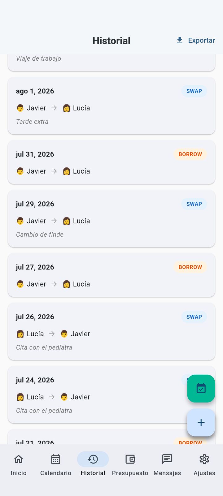 Historial de intercambios y canjes de días en SplitDay