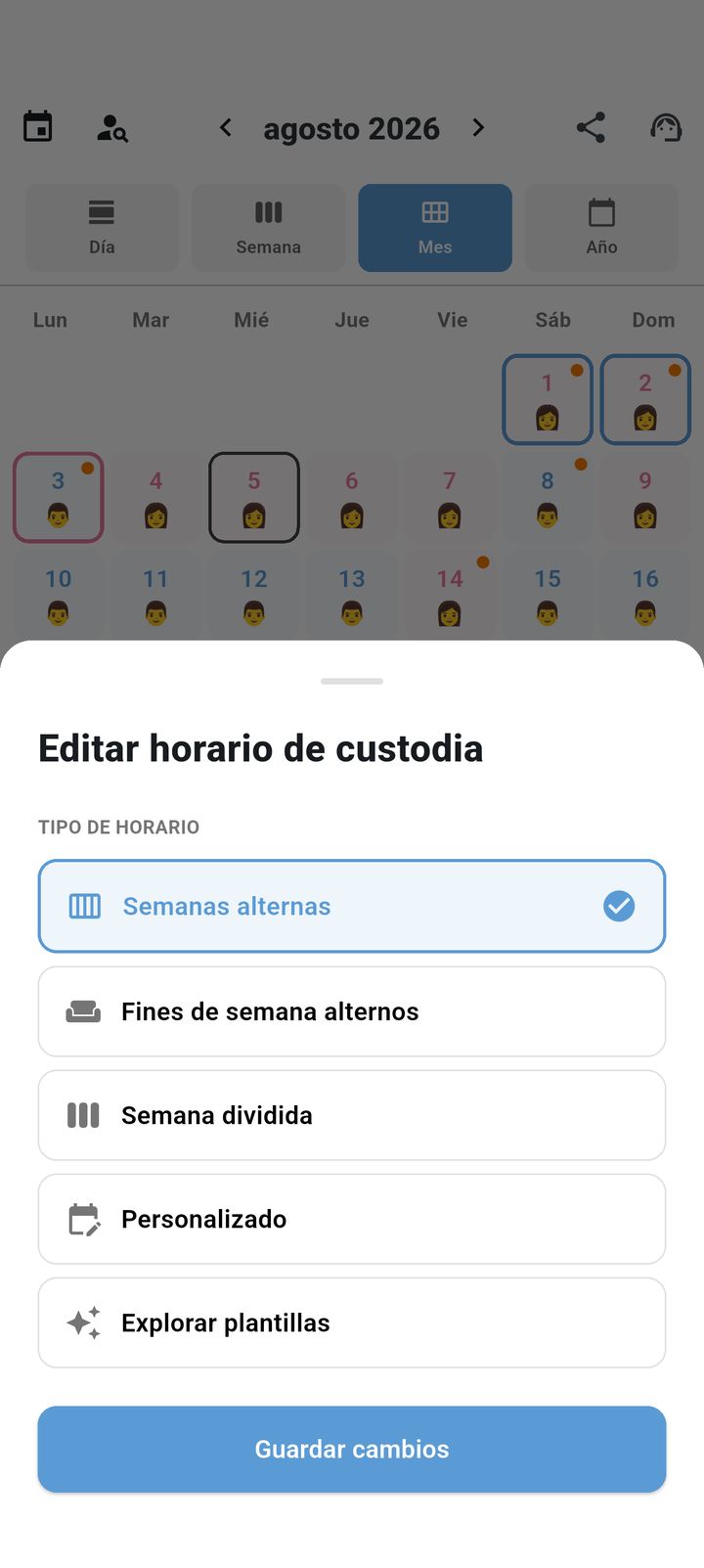 Pantalla de configuración de patrones de custodia en SplitDay