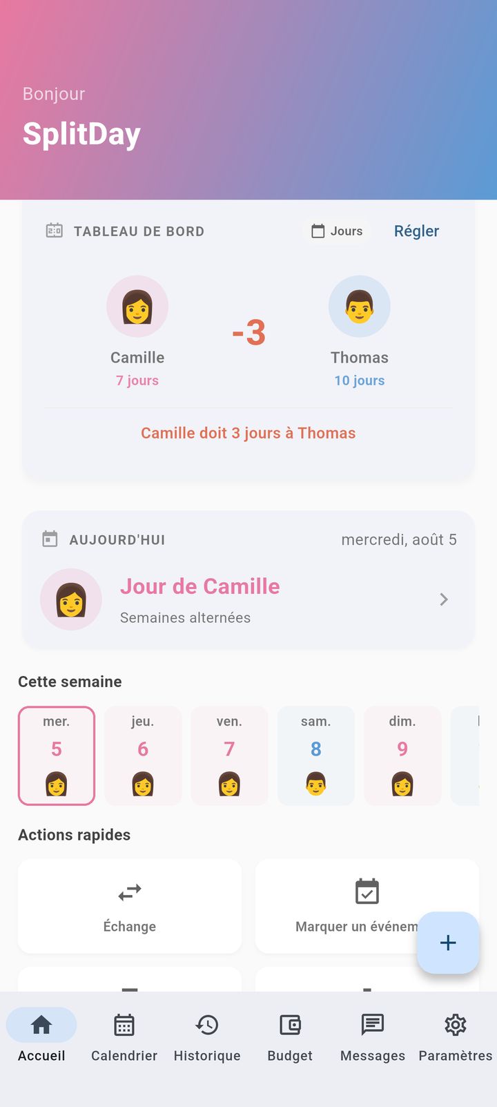 Écran d'accueil de SplitDay affichant la garde du jour en un coup d'œil