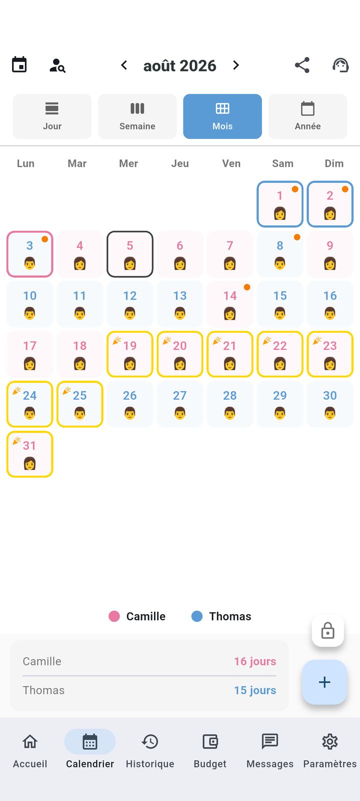 Vue mensuelle du calendrier de garde, codée par couleur selon le parent, dans SplitDay