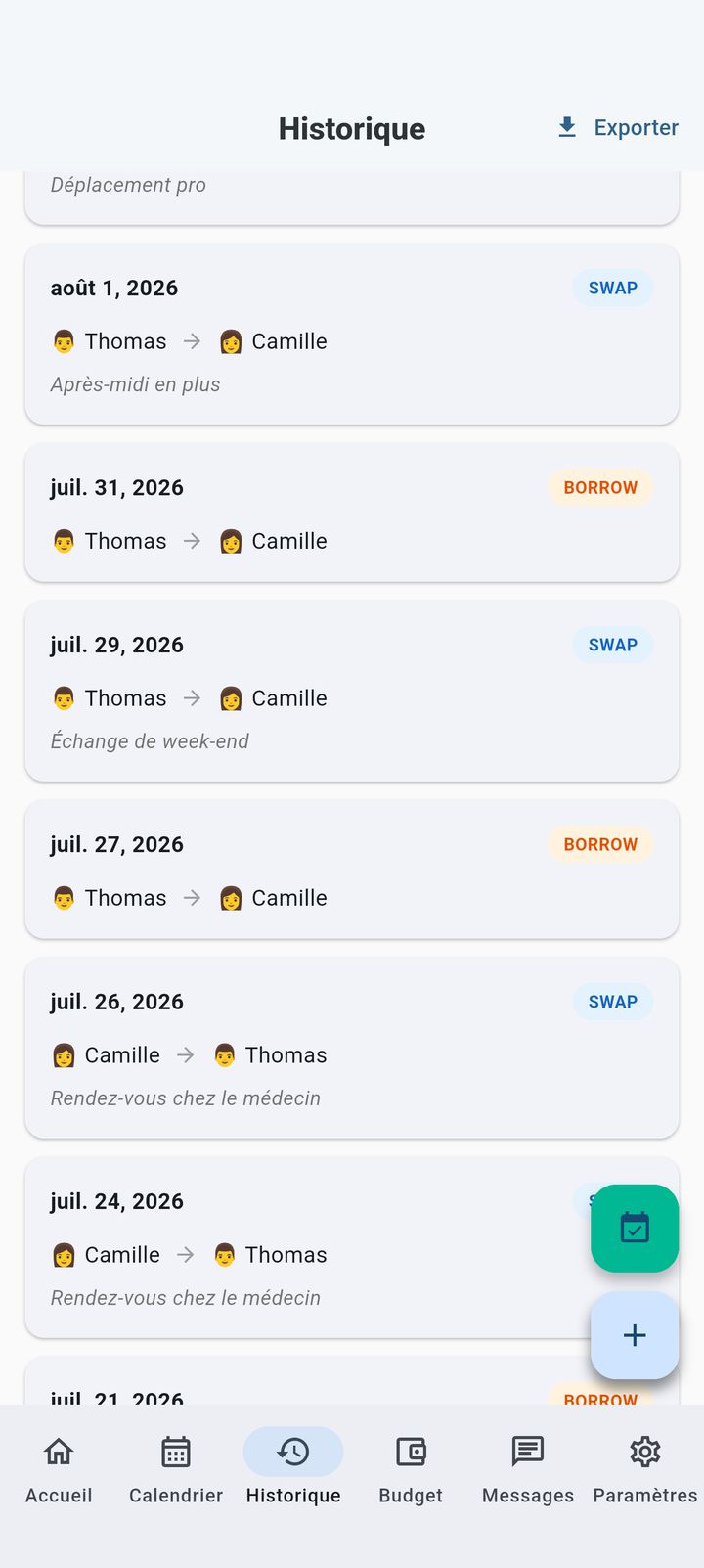 Historique des échanges de jours de garde dans SplitDay