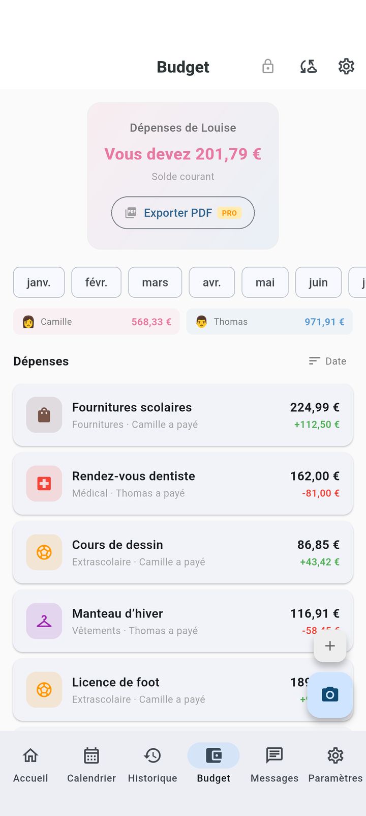Écran de facturation et d'abonnement dans SplitDay