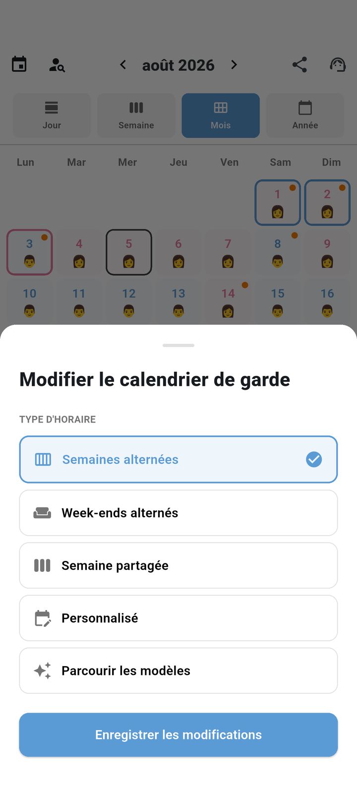 Écran de configuration des modes de garde dans SplitDay