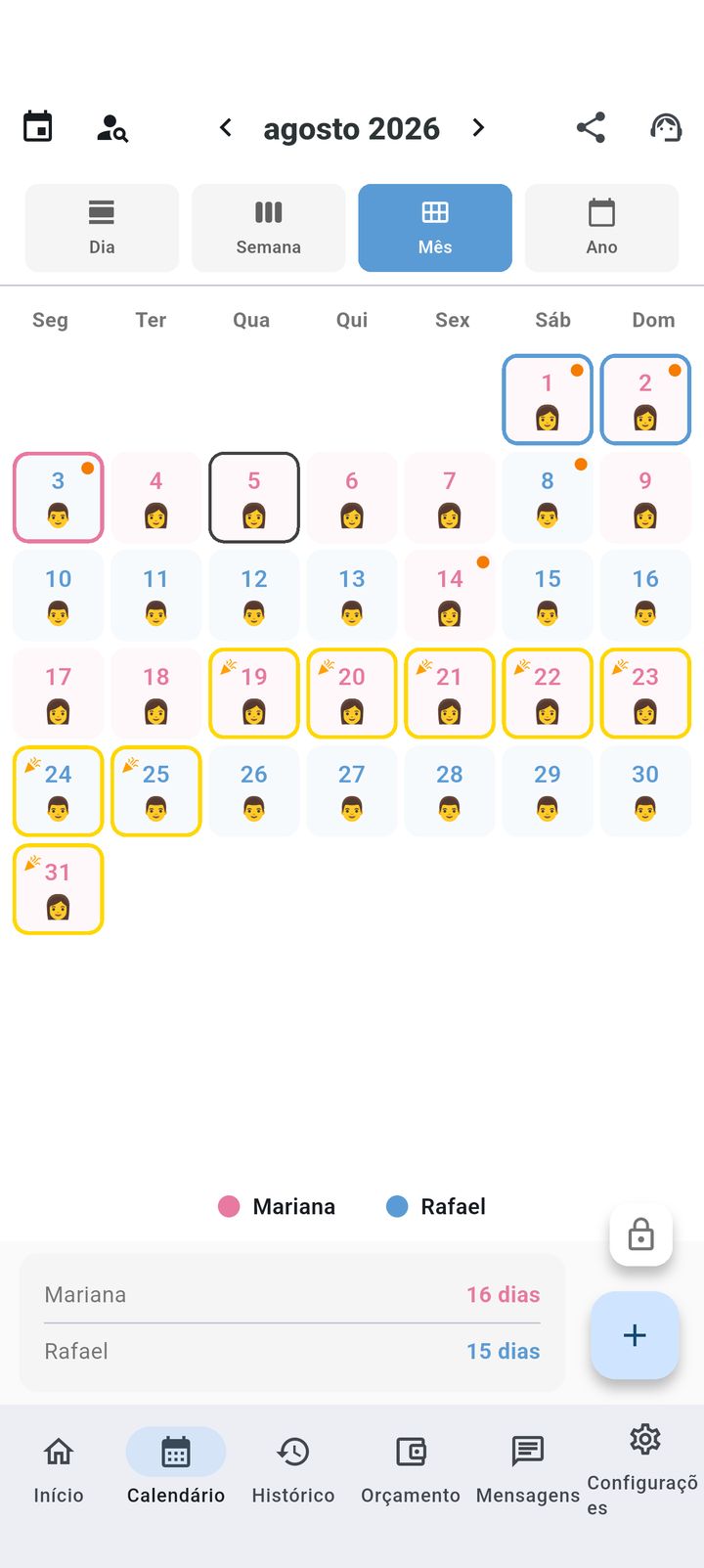 Visão mensal do calendário de guarda compartilhada com cores por responsável no SplitDay
