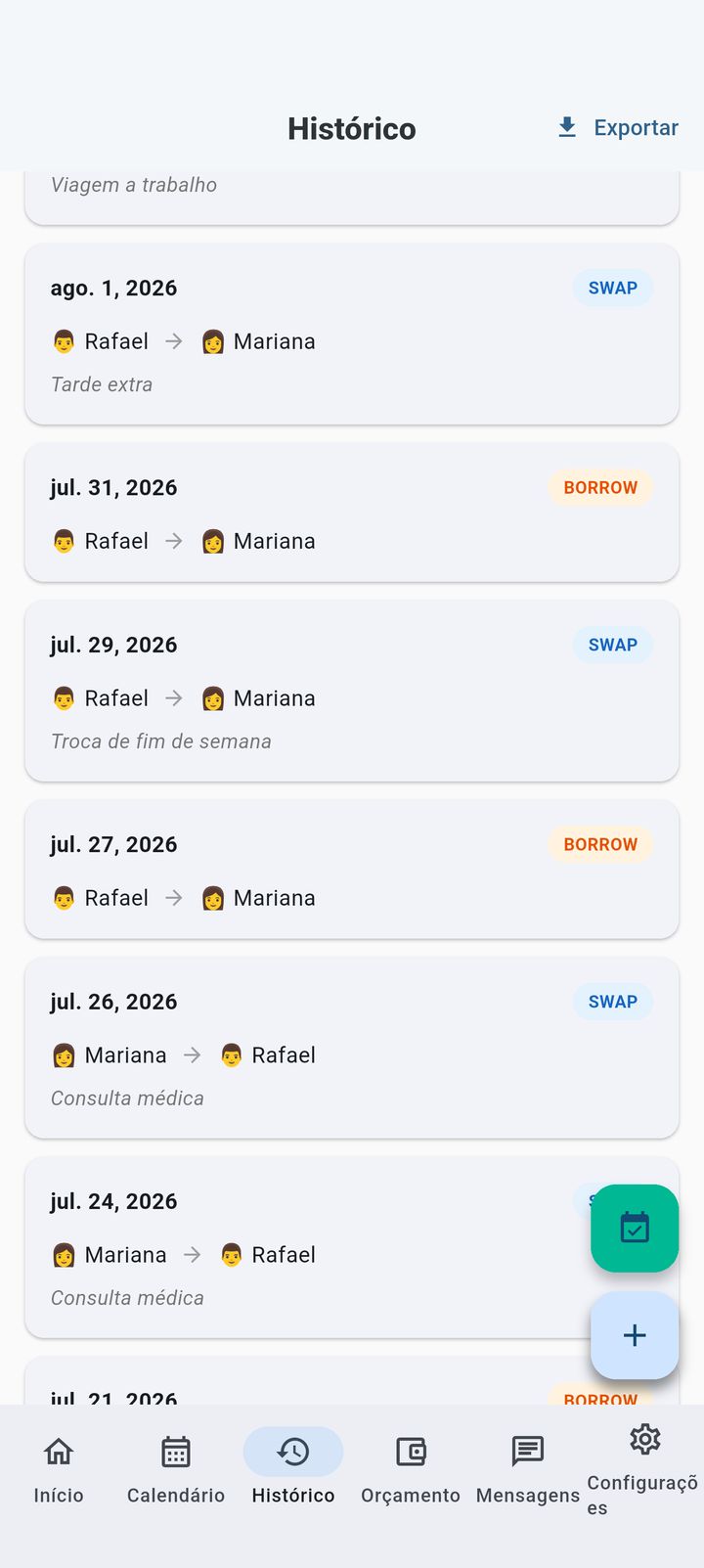 Histórico de trocas e compensações de dias no SplitDay