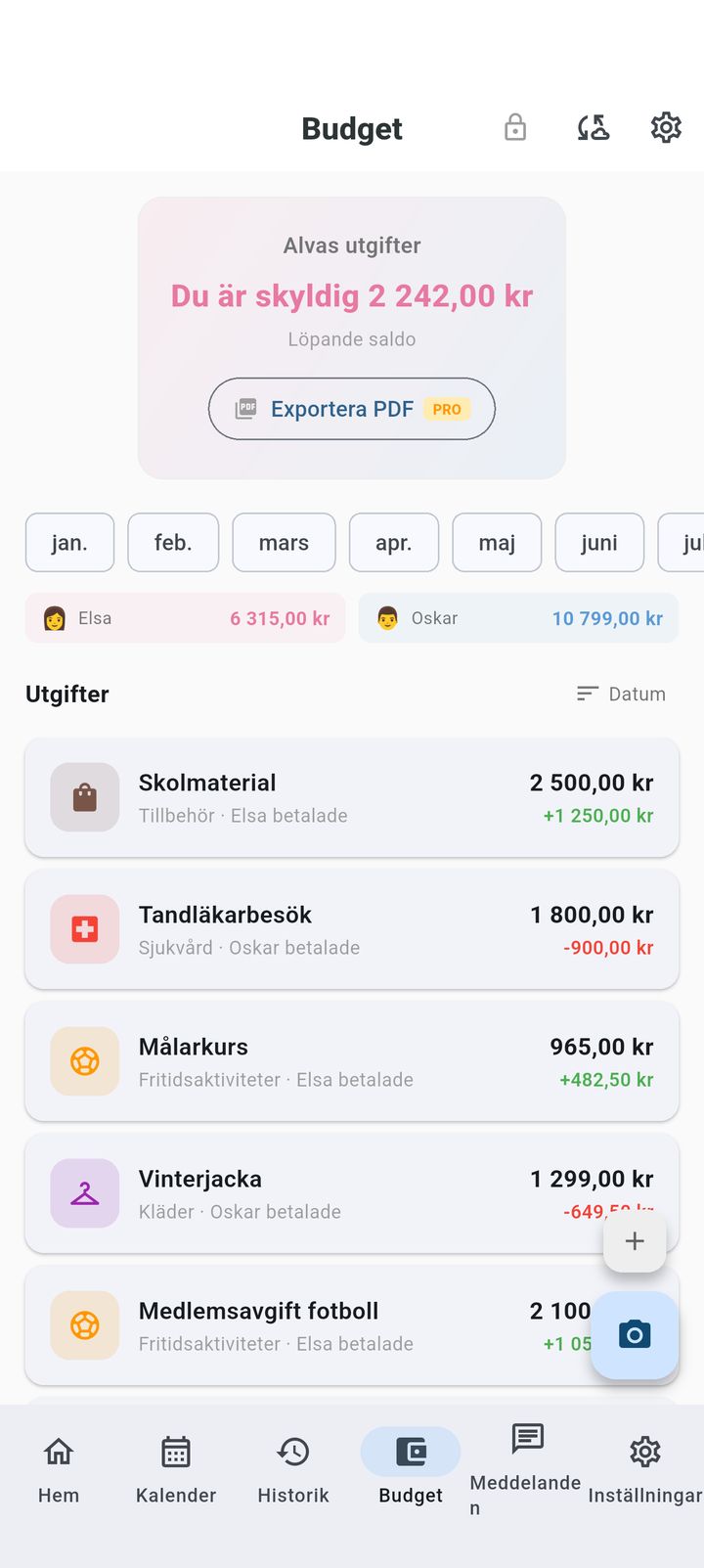 Faktura- och prenumerationsskärm i SplitDay