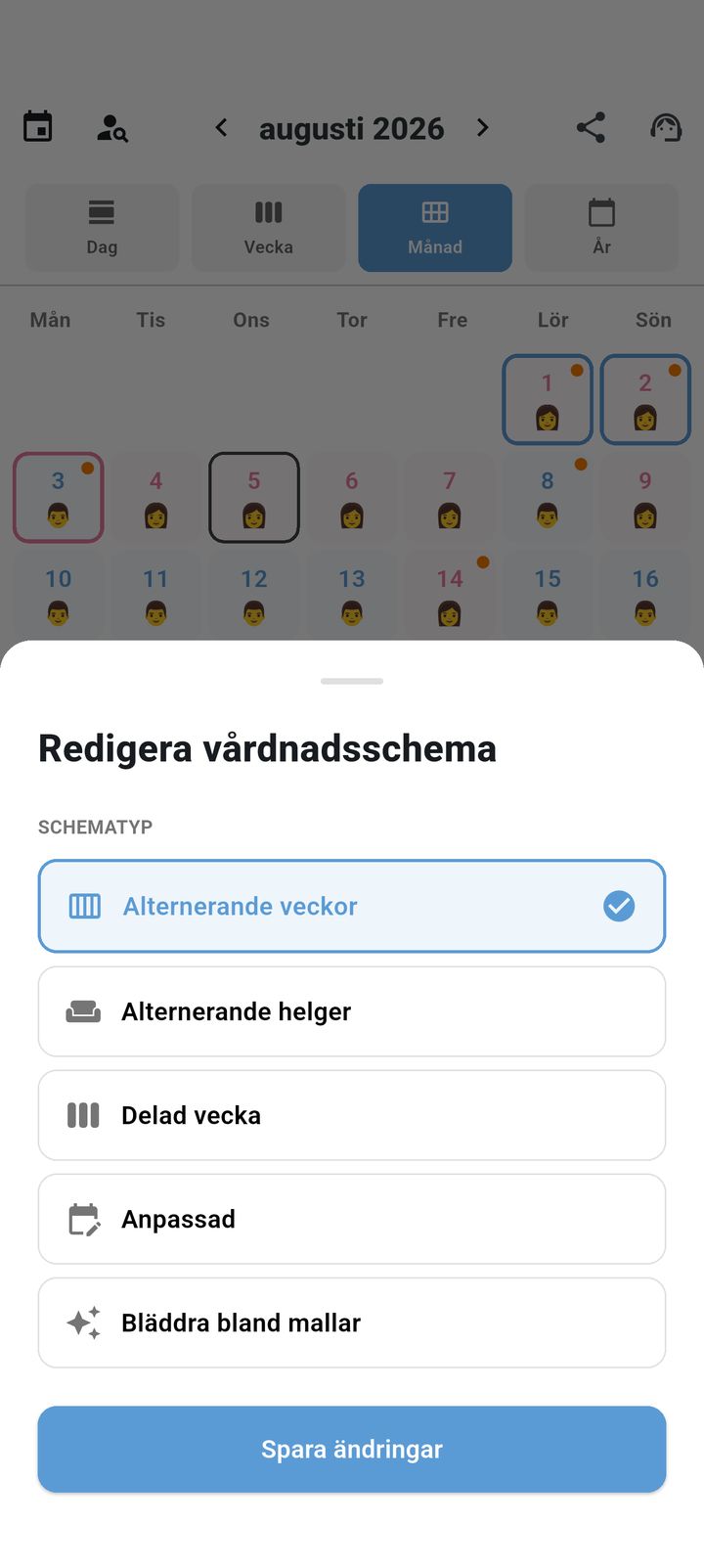 Skärm för att ställa in vårdnadsmönster i SplitDay